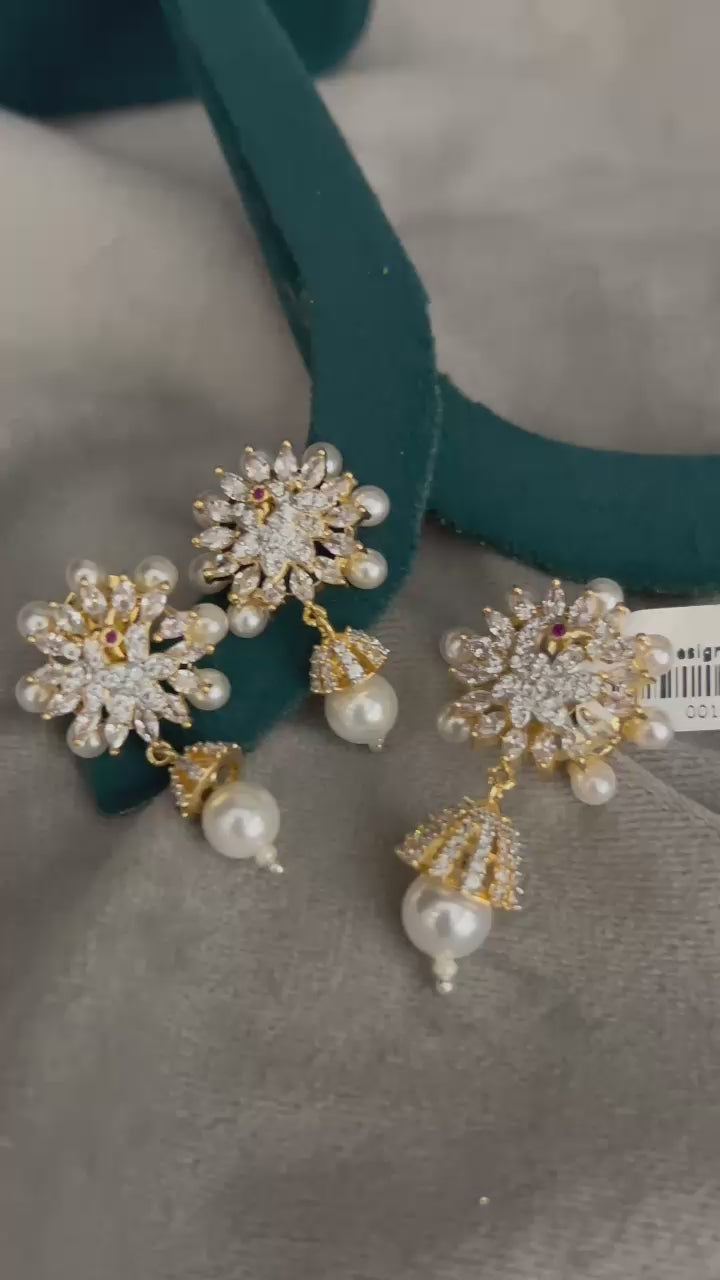 Designer Pearl Drop Earrings with CZ Diamond Finish